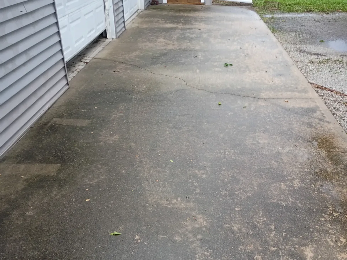 concrete walkway stained gray with algae and dirt